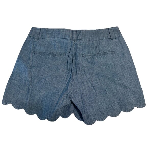 J Crew Women Sz 00 Chambray short scalloped hem Blue Pockets Cotton - Picture 2 of 8